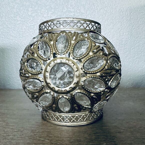 Boho Modern Gold Jeweled Round Lantern Candle Holder - Picture 1 of 3